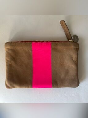 RARE- Clare V Vivier Camel Tan Hot Pink Stripe Wallet Gold Leather navy lining